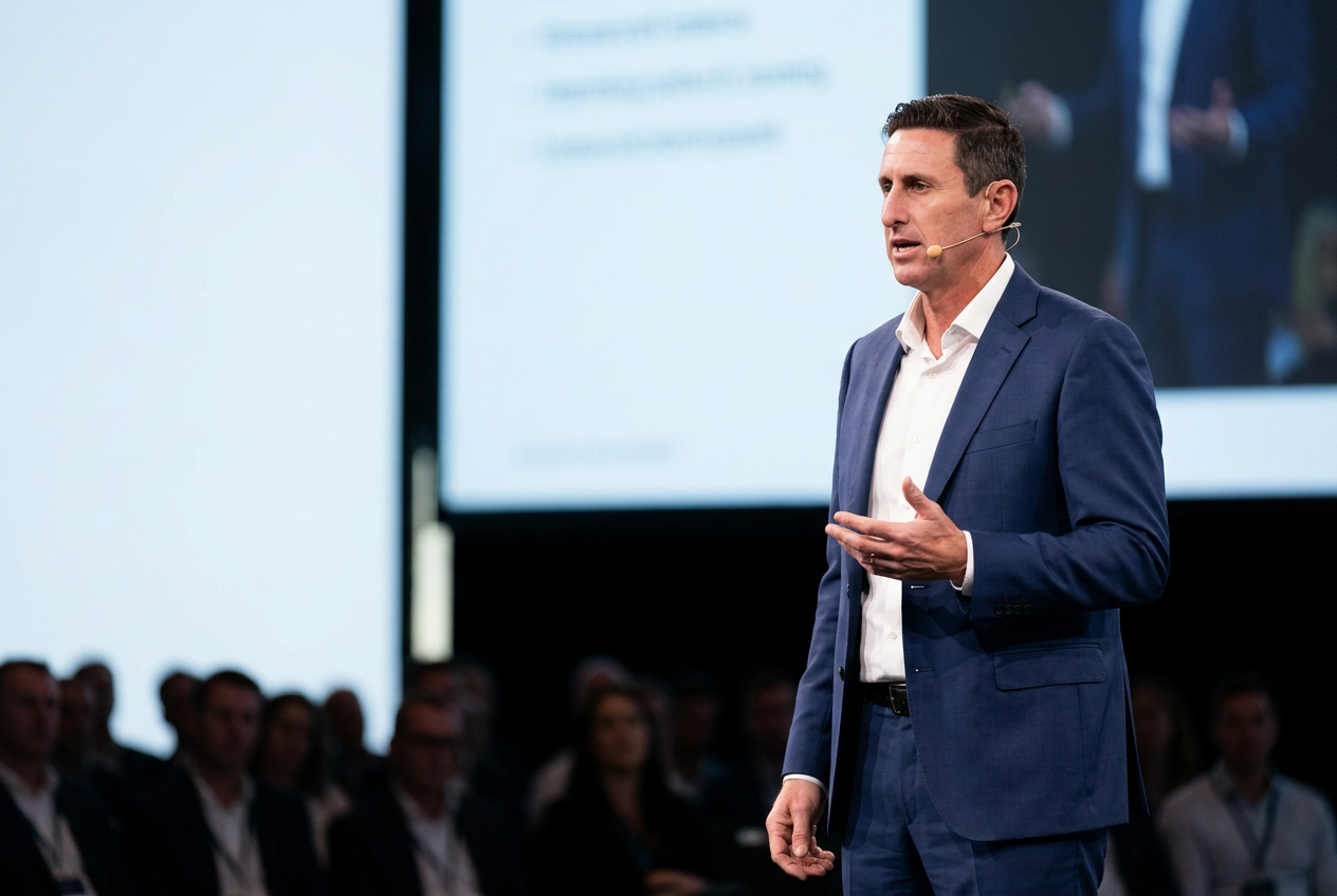 Shane Varcoe speaking on a conference stage